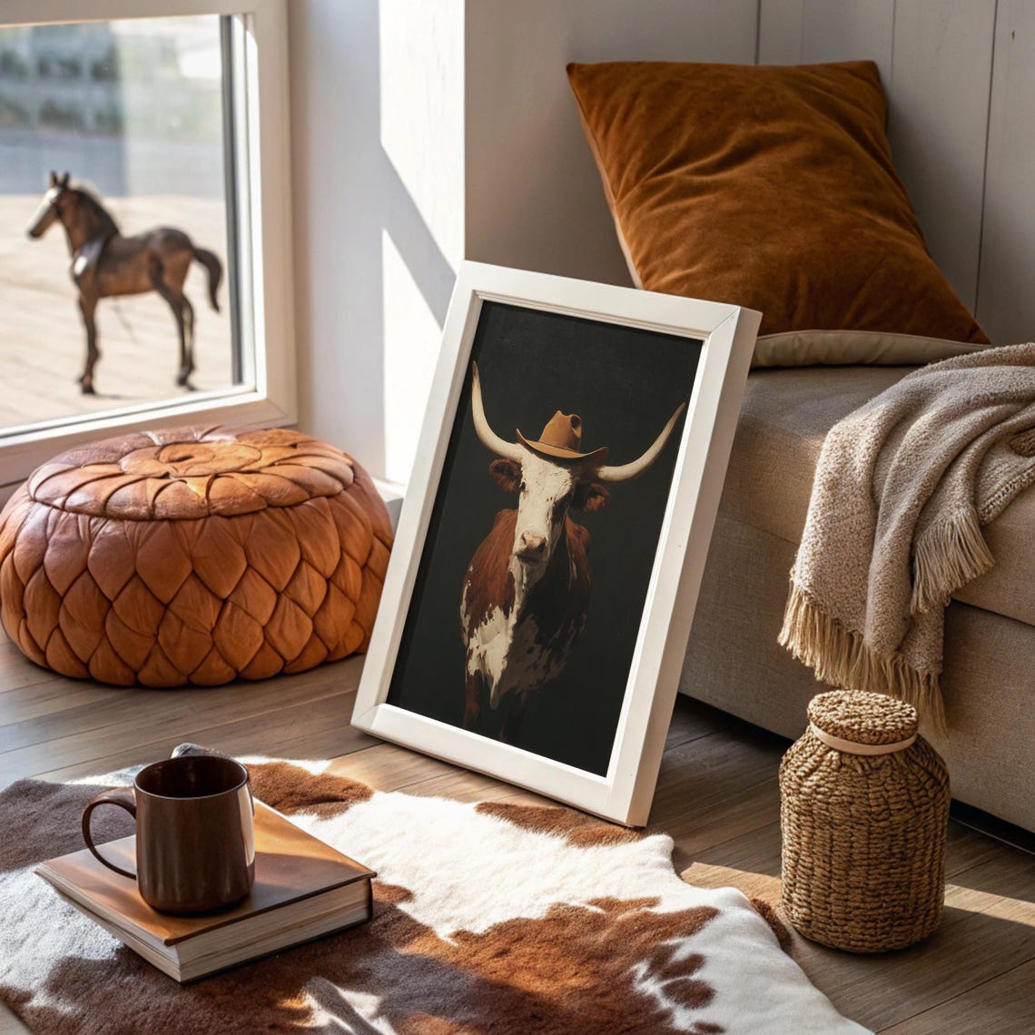 Texas Longhorn Steer Wearing Cowboy Hat Rustic Western Wall Art
