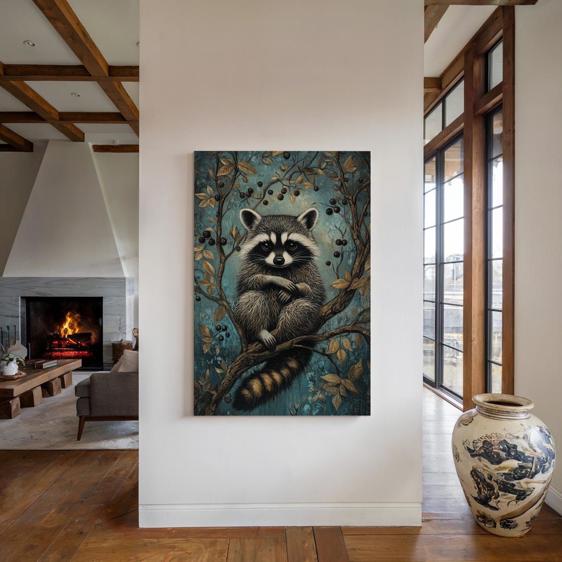 Raccoon Sitting on Branch With Berries Turquoise Wildlife Poster - Image 5