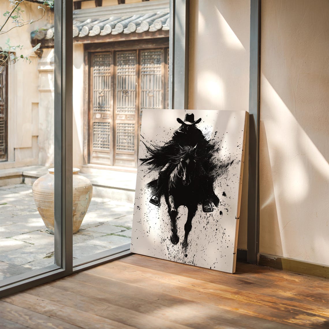 Shadow Cowboy Riding Toward Viewer Bold Black Ink Western Poster - Image 3