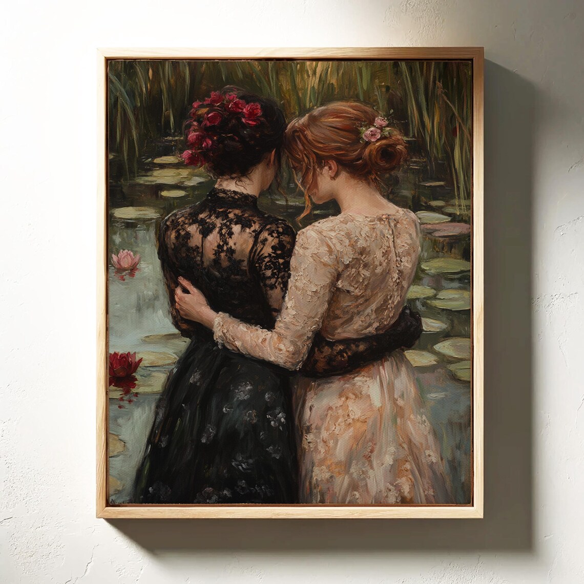 Two Women Embracing by a Lily Pond Romantic Vintage Oil Painting Print - Image 7