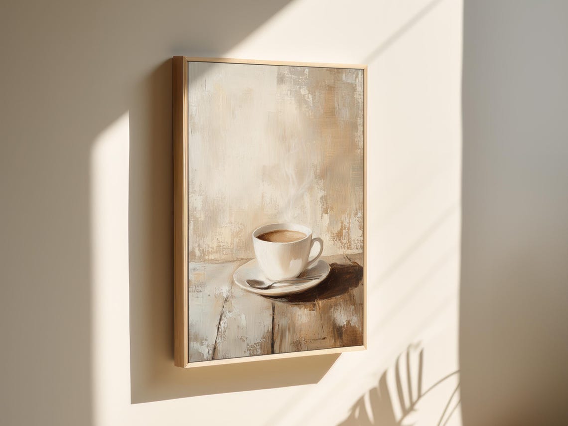 Minimalist Coffee Cup on Rustic Table Cozy Cabin Painting Wall Art - Image 5