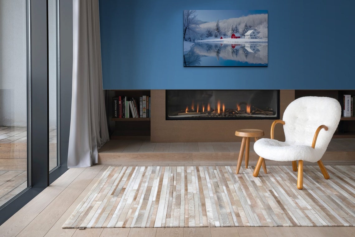 Snowy Red Barn and Farmhouse Mirror Lake Winter Scene Poster - Image 6