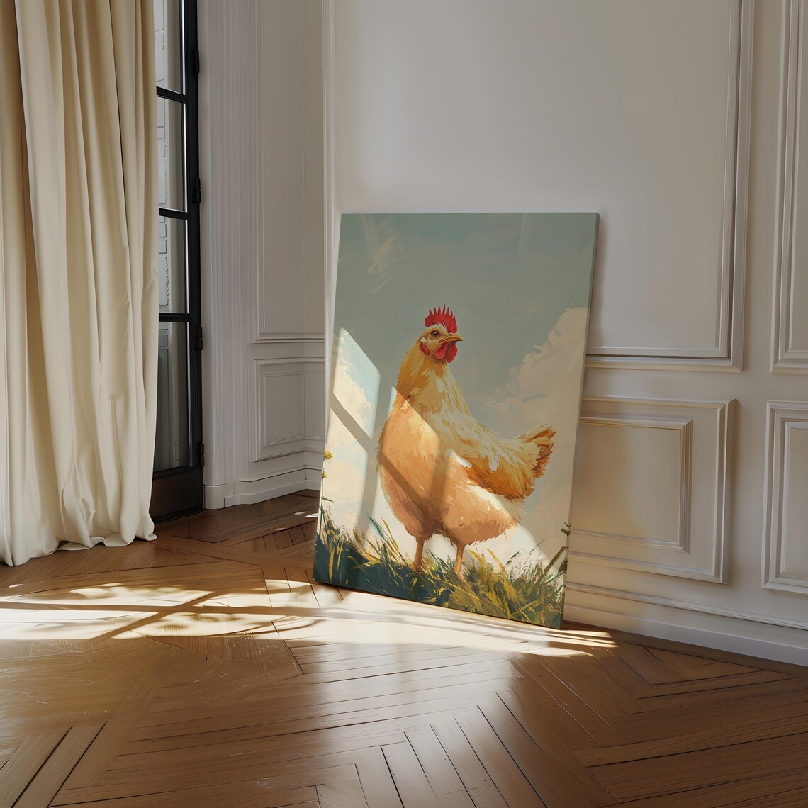 Plump Golden Hen Standing in Tall Grass Pastoral Oil Art Poster - Image 5