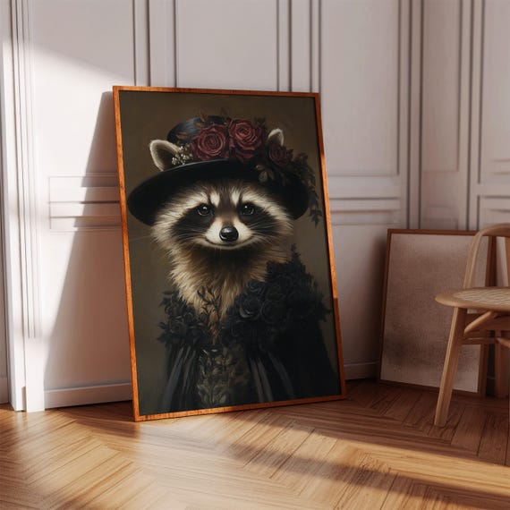 Vintage Raccoon Lady In Black Gown And Rose Hat Anthropomorphic Animal Portrait Whimsical Canvas Art With Floral Details