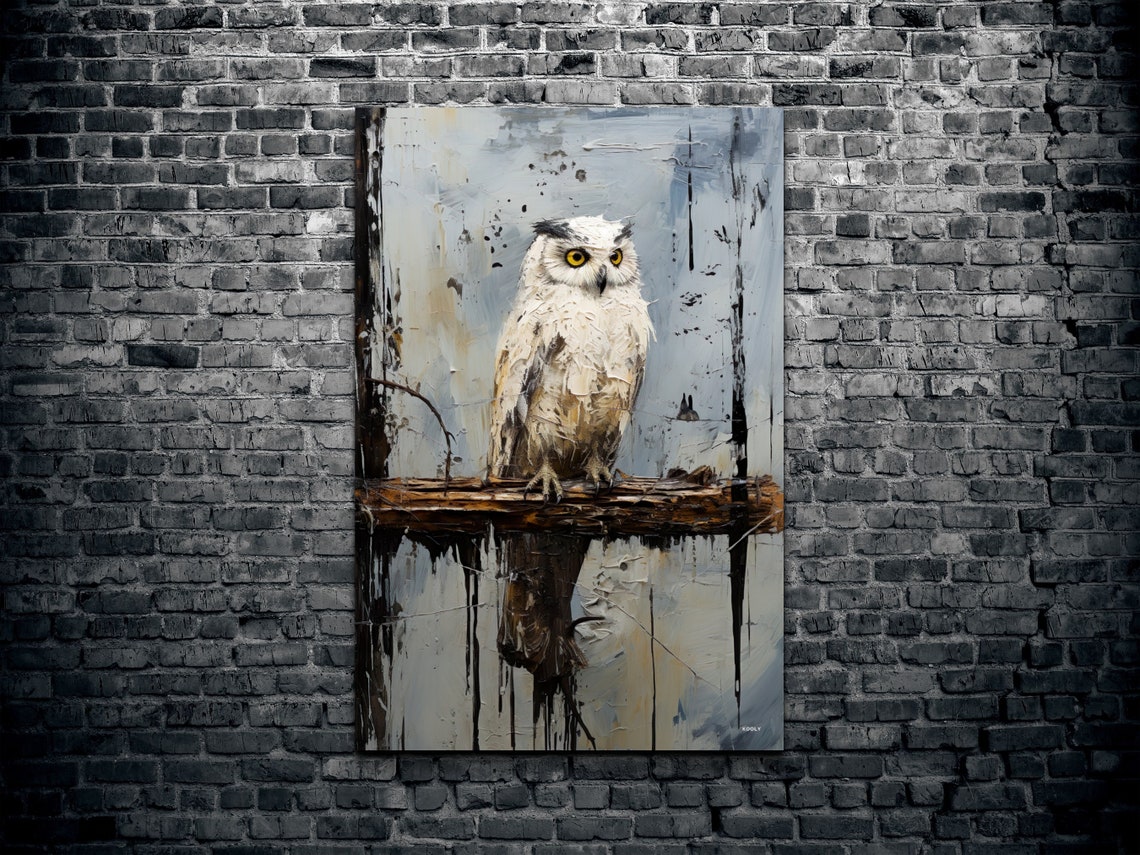 White Owl Perched On Branch Textured Oil Painting Style Poster - Image 2