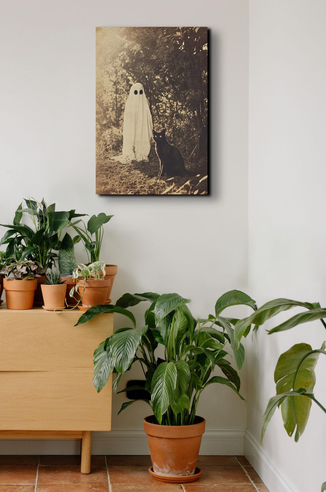 Vintage Sepia Ghost Beside a Black Cat in a Shadowy Autumn Wood Poster - Image 5