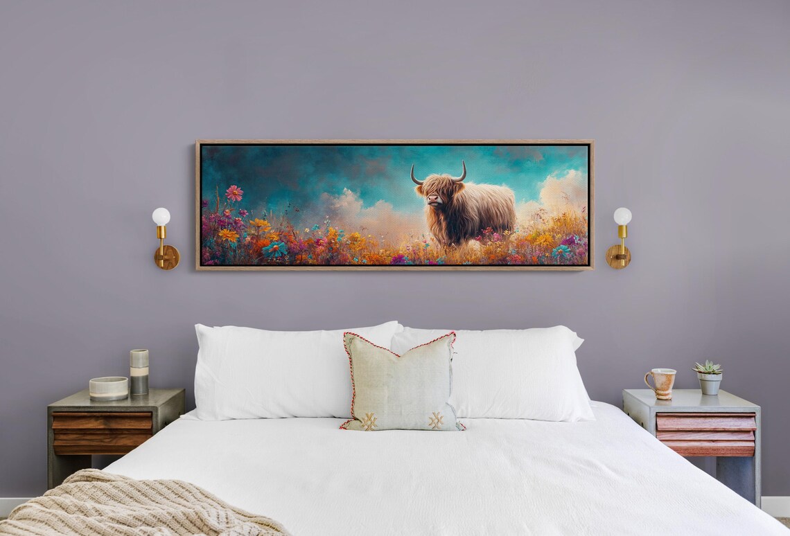 Highland Cow Wildflower Meadow Rustic Landscape Colorful Wall Art - Image 4