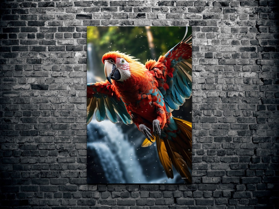 Scarlet Macaw Parrot Flying Past a Rainforest Waterfall Poster - Image 2