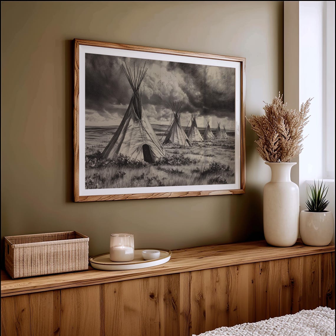 Vintage Teepee Camp On Open Plains Sepia Historic Western Art Poster