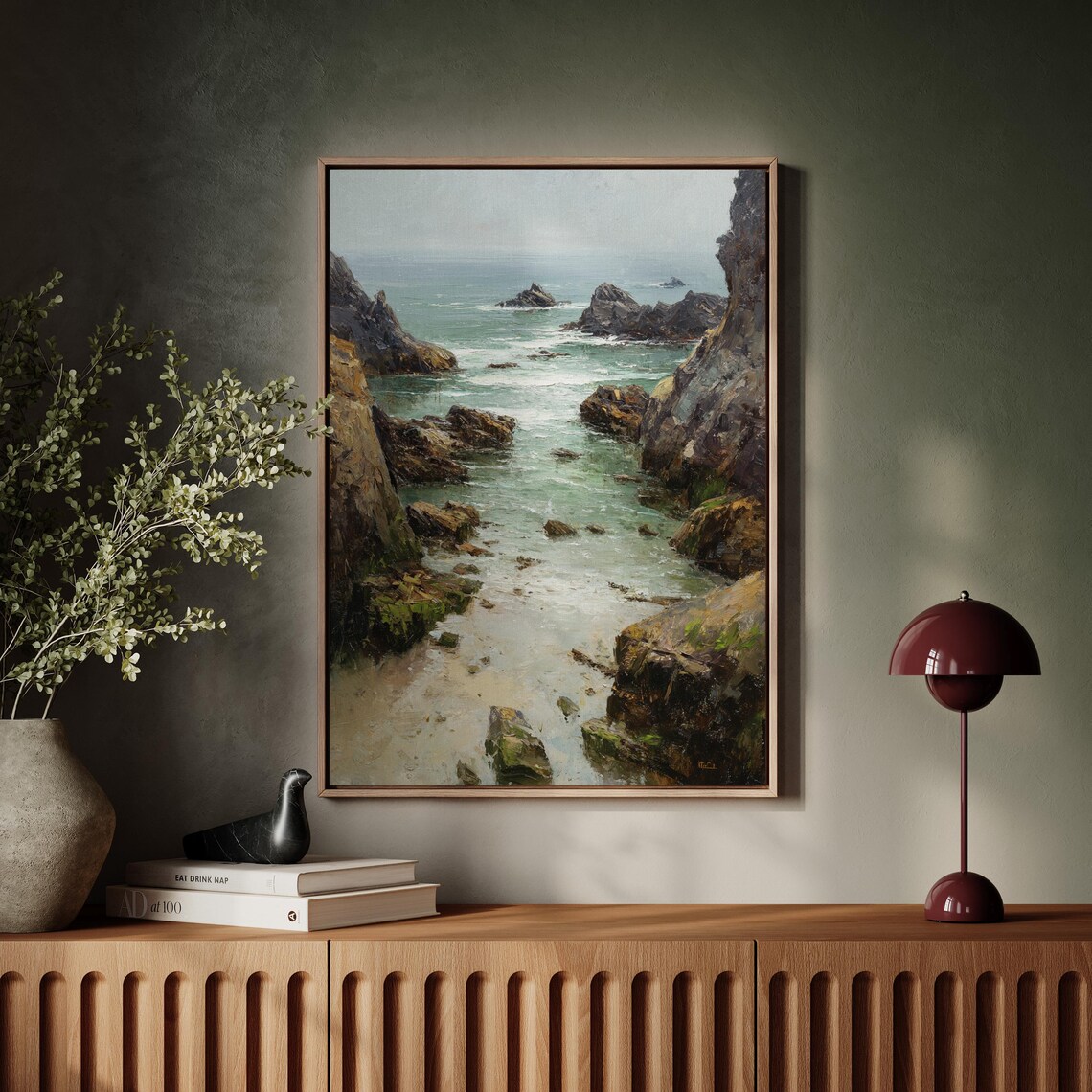 Rocky Coastal Inlet With Turquoise Waves Oil Painting Art Poster