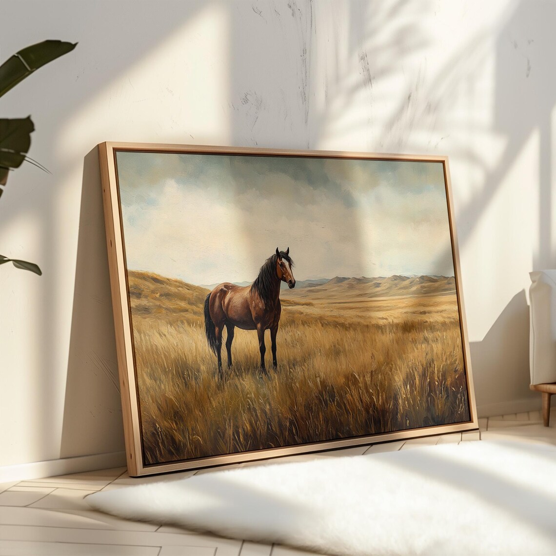 Solitary Wild Horse in Tall Golden Prairie Grass Landscape Poster - Image 5