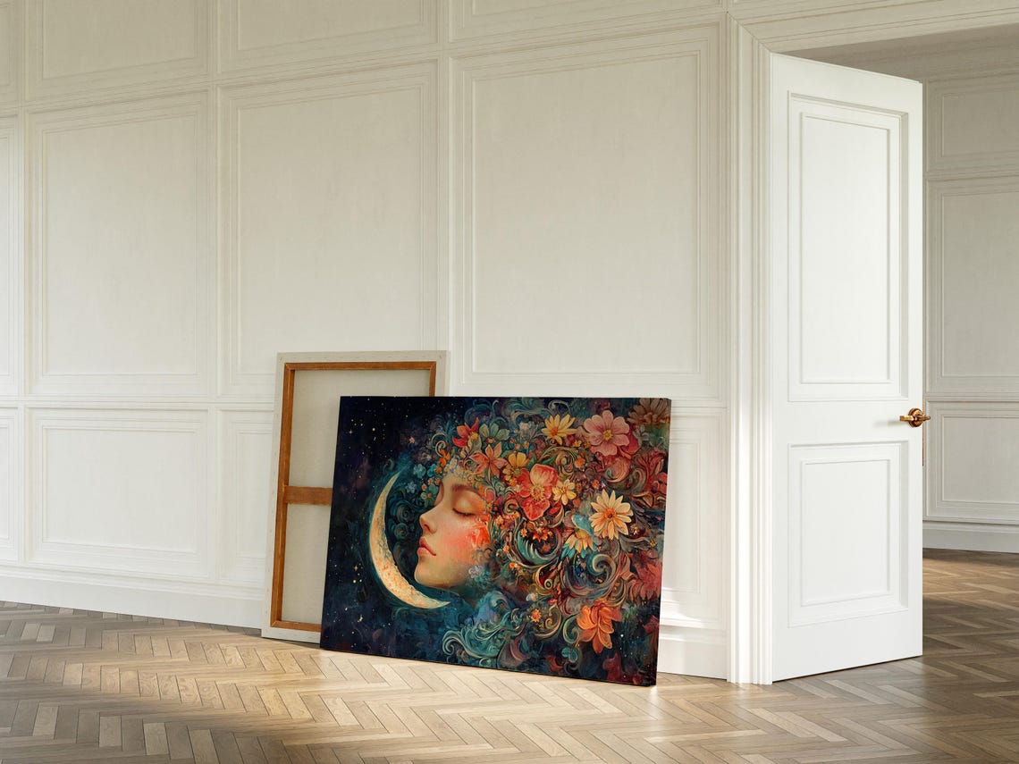 Dreamy Celestial Woman With Flower Hair And Crescent Moon Poster - Image 5