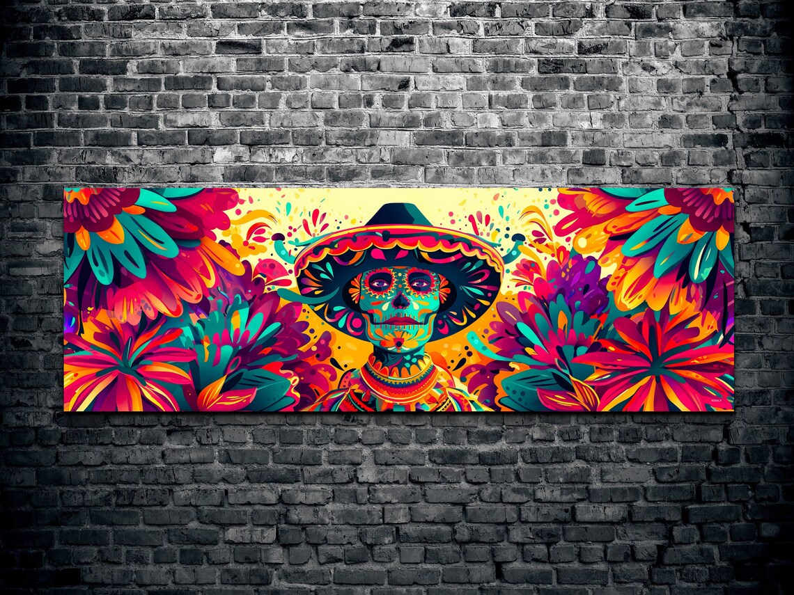 Sugar Skull Wearing a Sombrero in Bright Mexican Floral Art Poster - Image 2