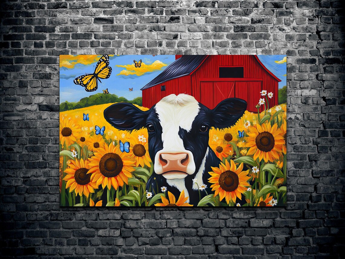 Happy Cow in Sunflower Field by Red Barn Monarch Butterfly Poster - Image 2