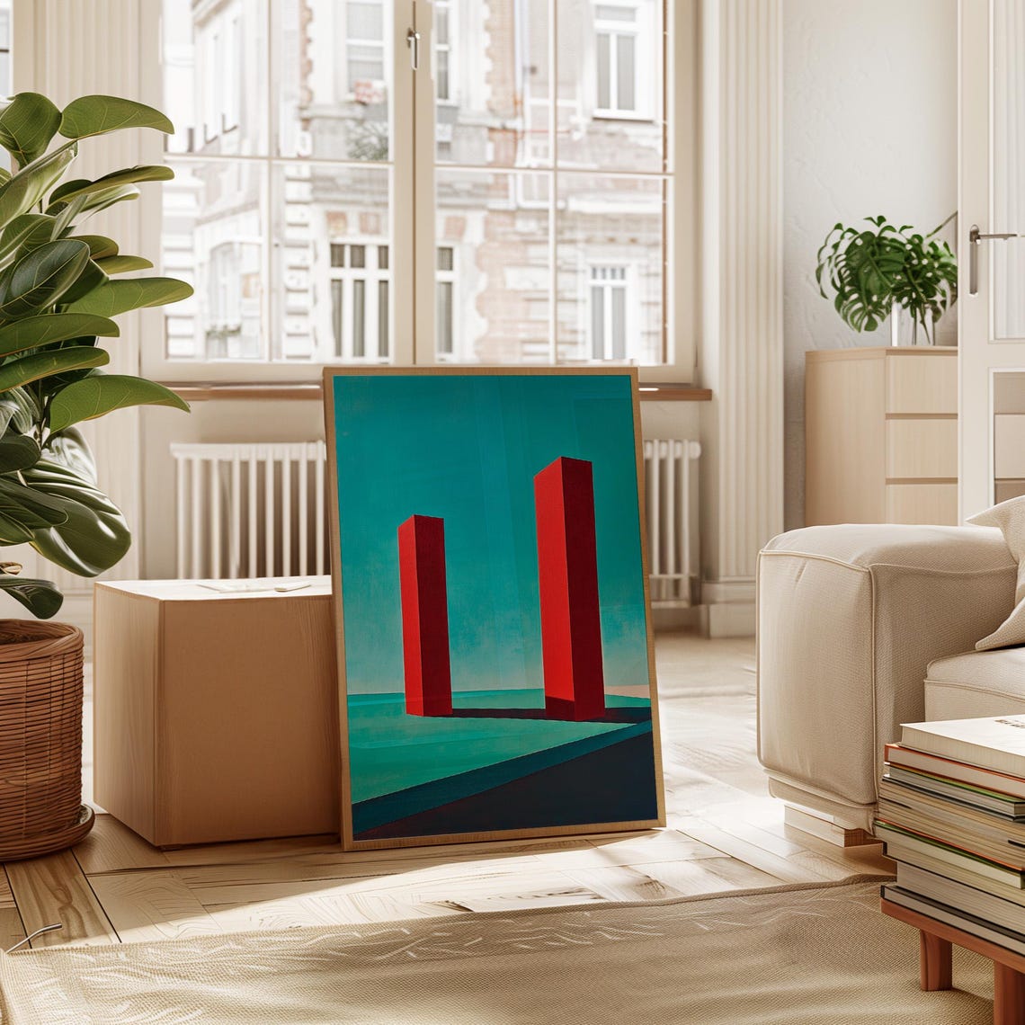 Red Monolith Towers Teal Minimal Geometric Abstract Art Poster