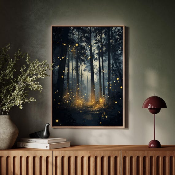 Magical Firefly Forest Canvas Glowing Light In Dark Trees Wall Art Mystical Nature Night Scene Enchanted Landscape Poster