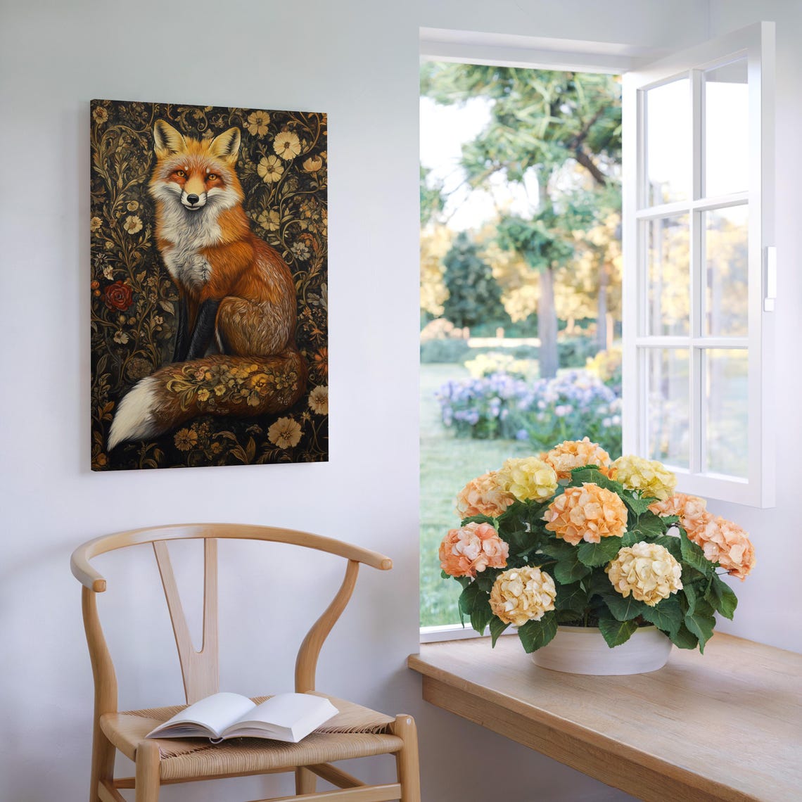 Red Fox Portrait Among Vintage Floral Vines Dark Wildlife Poster - Image 7