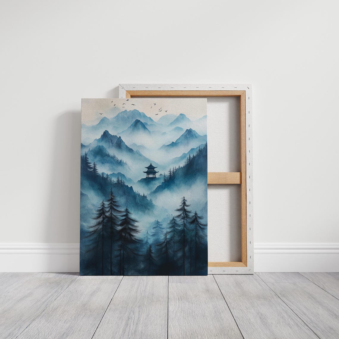Misty Blue Mountain Pagoda Serene Asian Ink Landscape Wall Art - Image 2