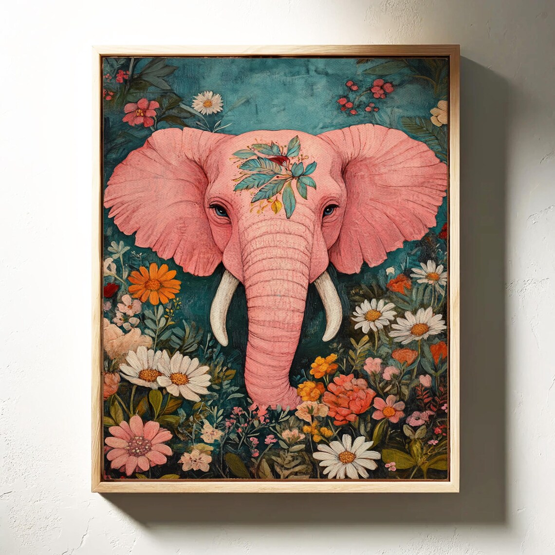 Pink Elephant In Wildflower Garden Whimsical Floral Art Poster - Image 6