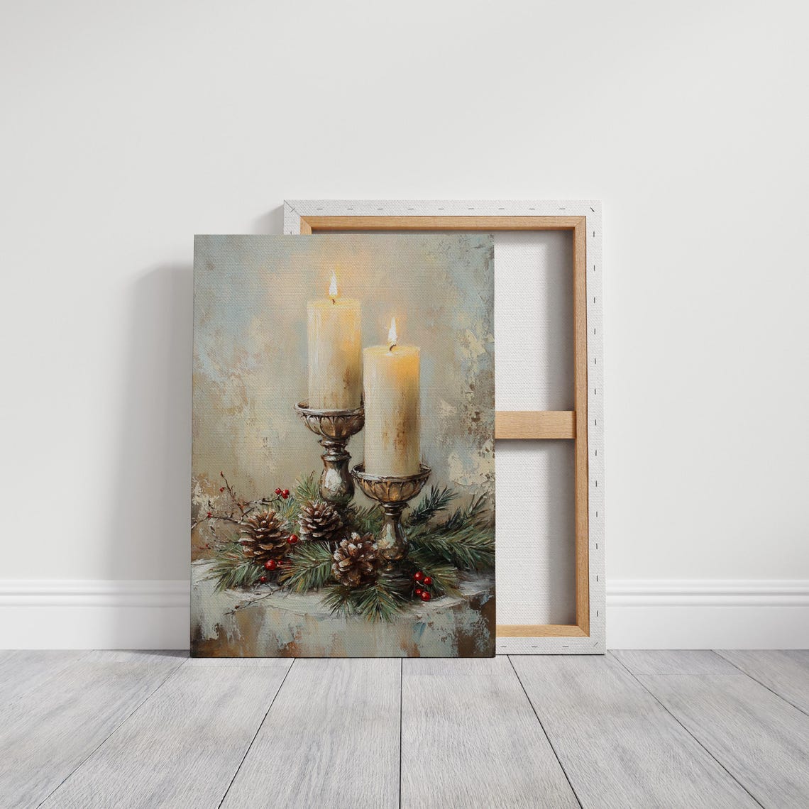 Lit Christmas Candles With Pinecones Berries Still Life Poster - Image 7