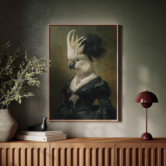 Victorian Cockatoo Portrait In Black Gown With Jewelry Art Poster