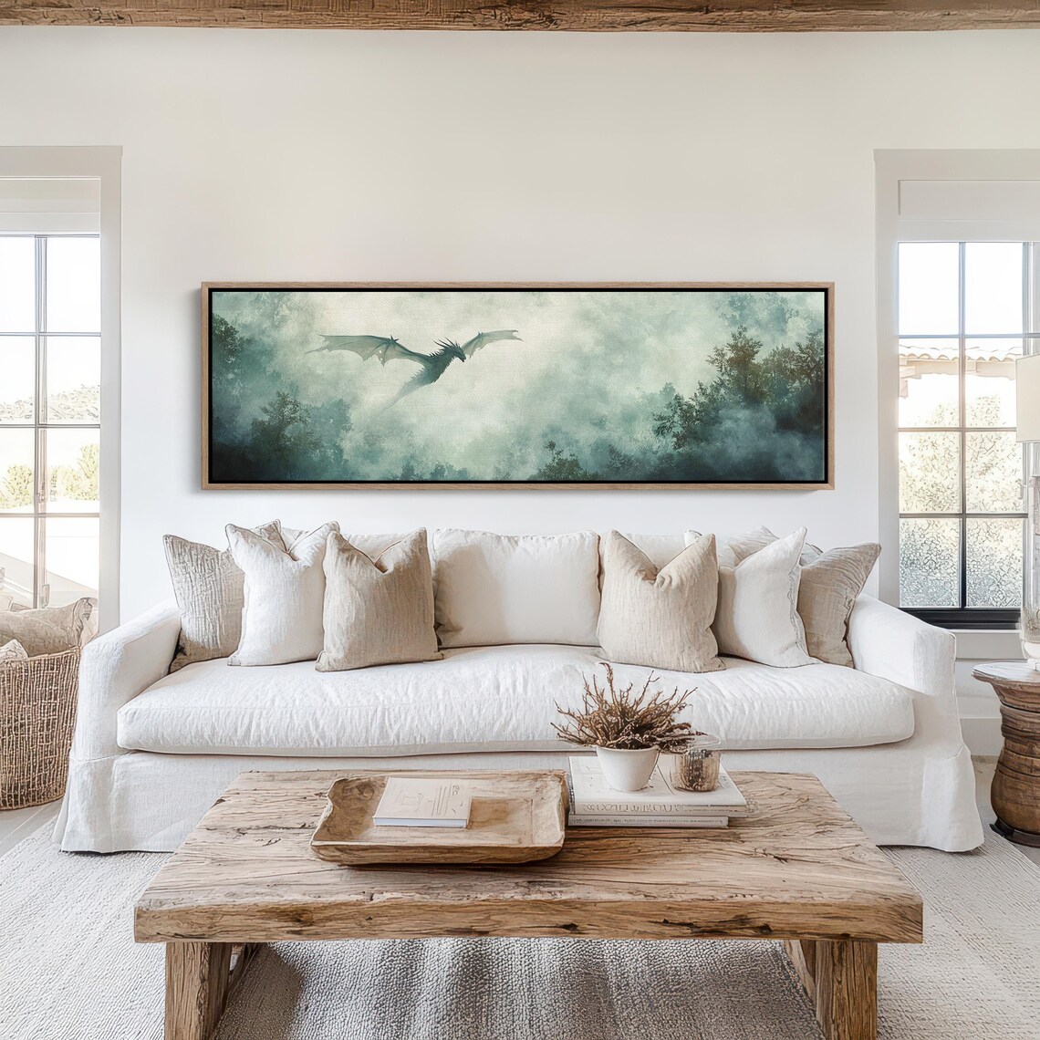 Mystical Dragon Flying Over Foggy Forest Enchanting Panoramic Wall Art For Fantasy Lovers - Image 3