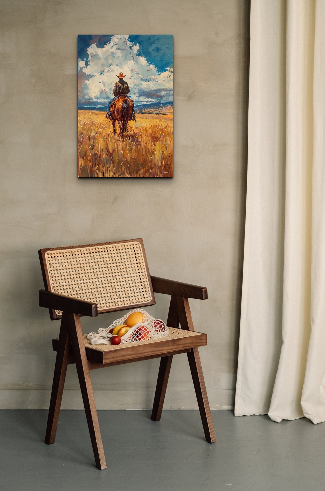 Cowboy Riding Horse Into Golden Horizon Under Dramatic Clouds Poster - Image 4