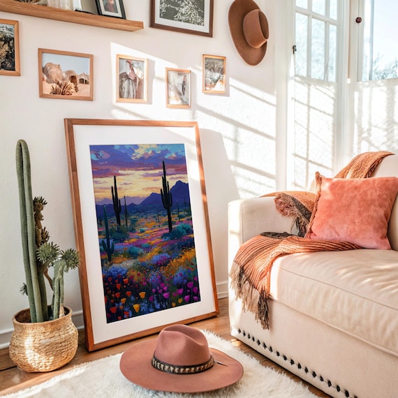 Desert Sunset Poster Saguaro Cactus Wildflower Field Painting