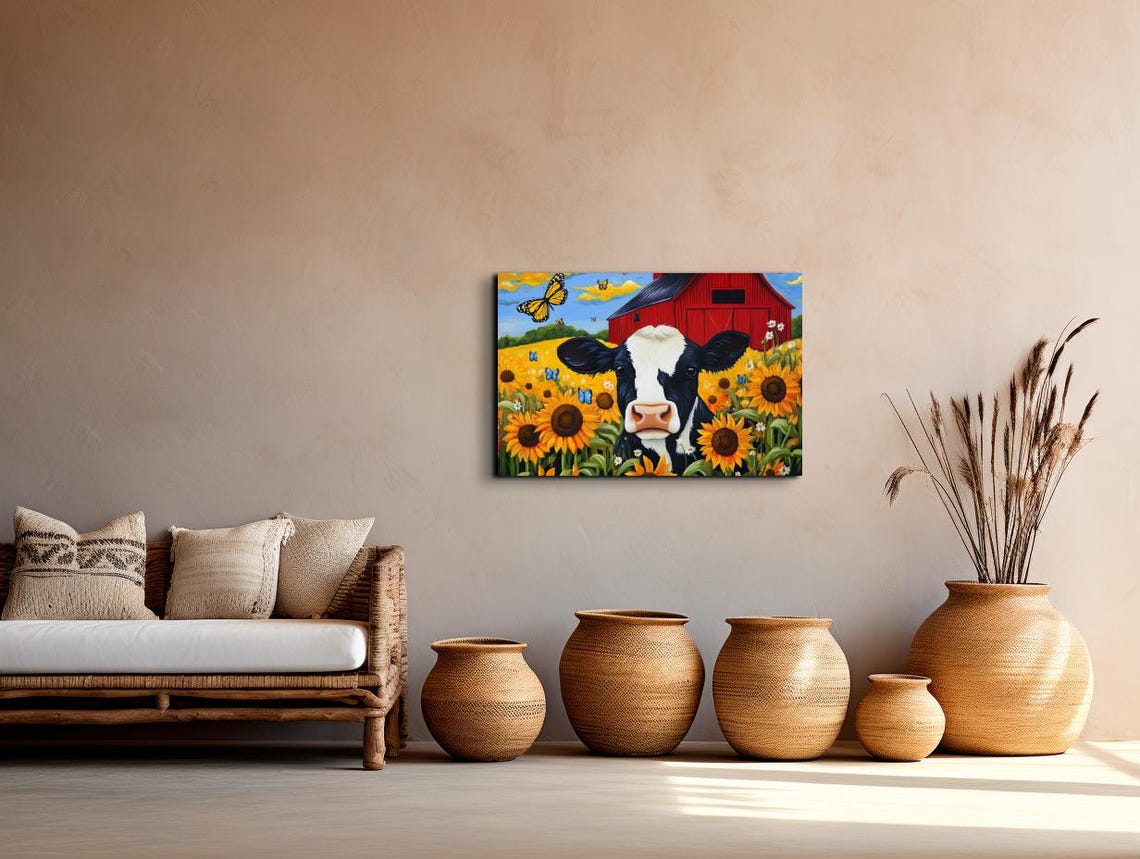 Happy Cow in Sunflower Field by Red Barn Monarch Butterfly Poster - Image 7