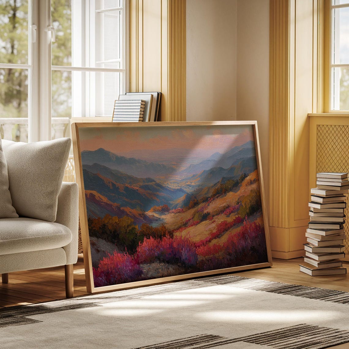 Sunset Mountain Valley Pink Wildflowers Landscape Painting Poster