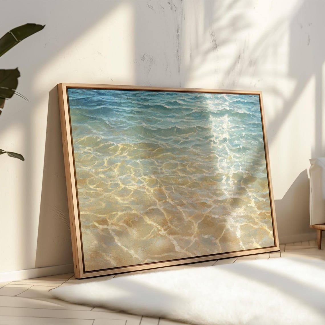 Ocean Water Sunlit Ripples Over Golden Sand Blue Beach Art Poster