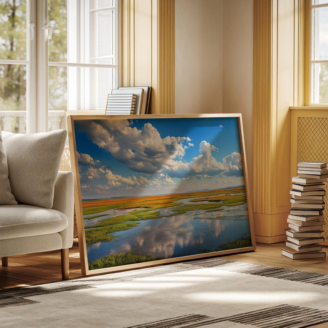Bright Wetlands With Blue Sky Big White Clouds And Still Water Poster - Image 4