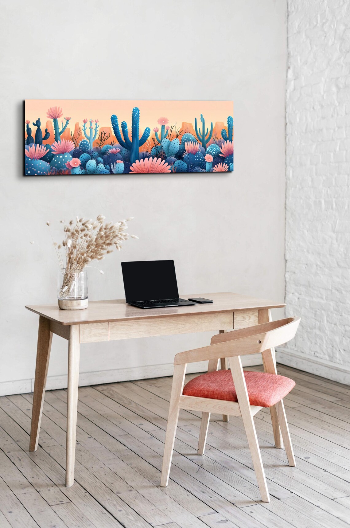 Desert Cactus Bloom Scene Pink Flowers Golden Sky Art Poster - Image 7
