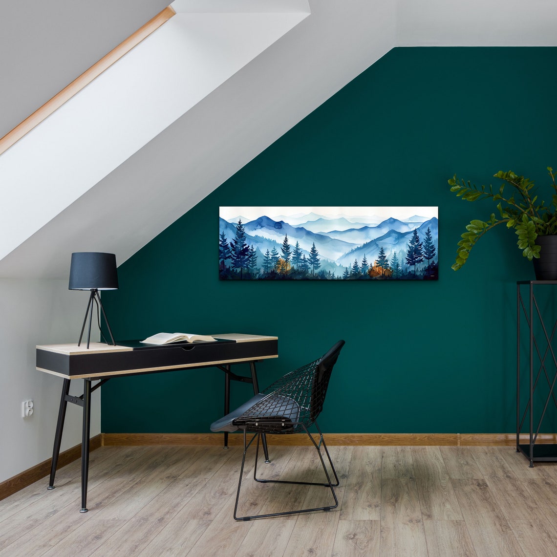 Foggy Blue Pine Forest Mountain Layers Watercolor Panorama Poster - Image 4