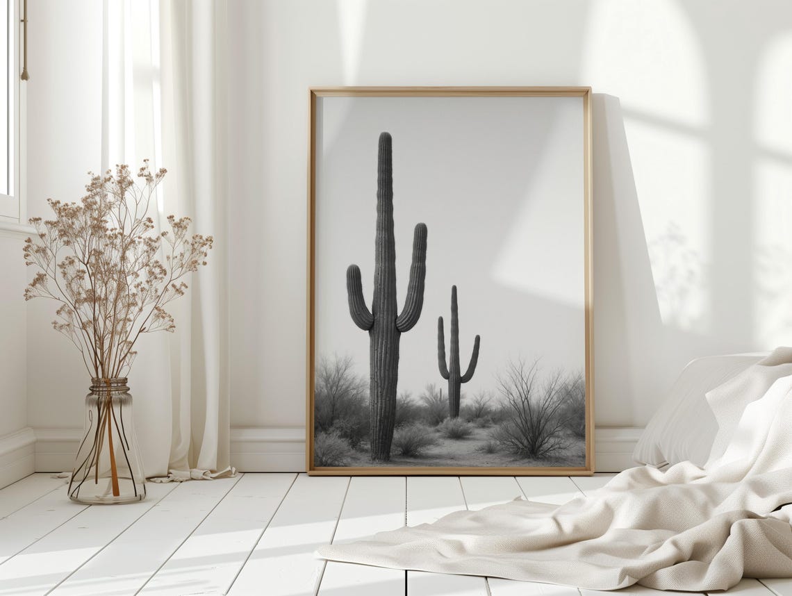 Monochrome Saguaro Cactus Desert Minimalist Landscape Poster