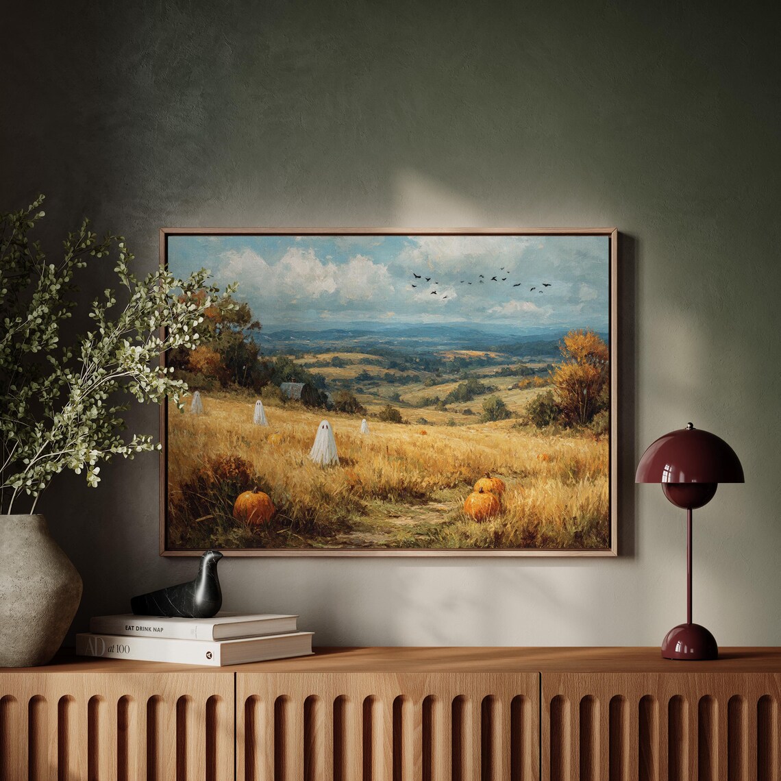Ghosts In Golden Autumn Field With Pumpkins Whimsical Fall Meadow Scene Wall Art