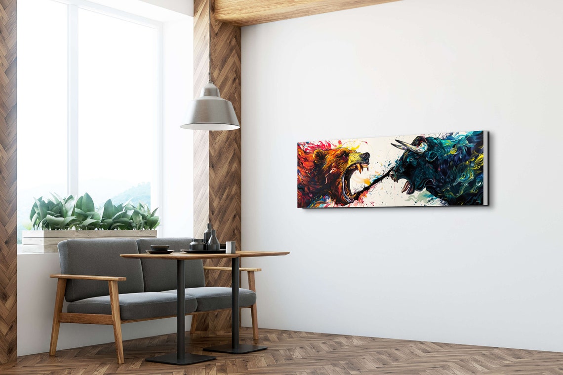 Roaring Bull And Bear Face Off Abstract Stock Market Splash Art Poster - Image 3