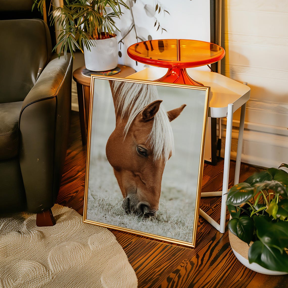 Peaceful Chestnut Horse With White Mane Grazing Field Poster