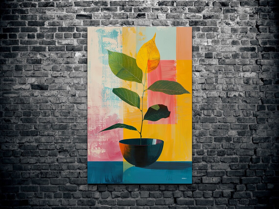 Potted Green Plant Colorful Block Background Modern Still Life Poster - Image 2