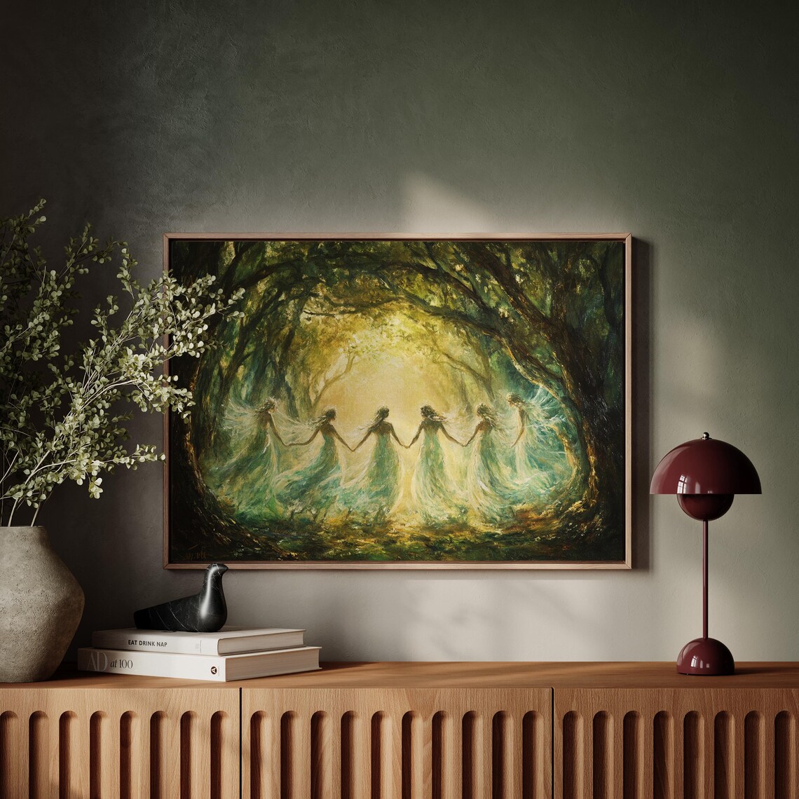 Ethereal Fairies Dancing in Moonlit Forest Art Print