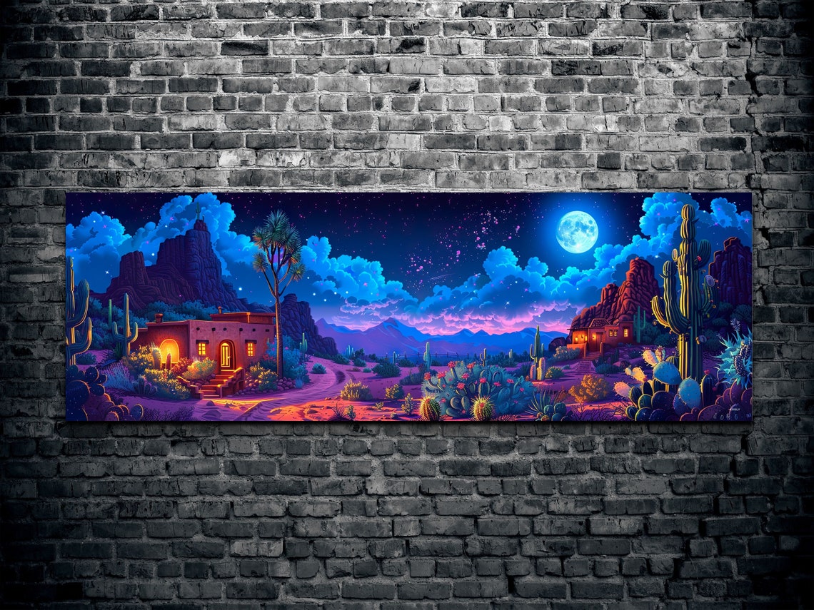 Desert Night Adobe House Saguaro Cactus Full Moon Neon Sky Wall Art - Image 2