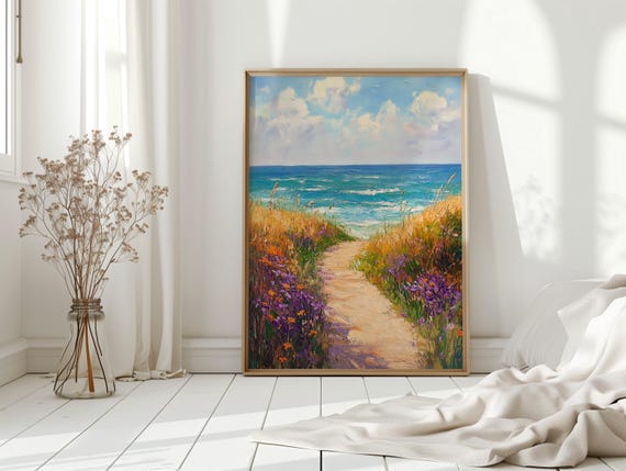 Ocean Pathway Canvas Wall Art Coastal Beach Trail With Wildflowers In Vibrant Oil Painting Style For Summer Seaside Home Decor