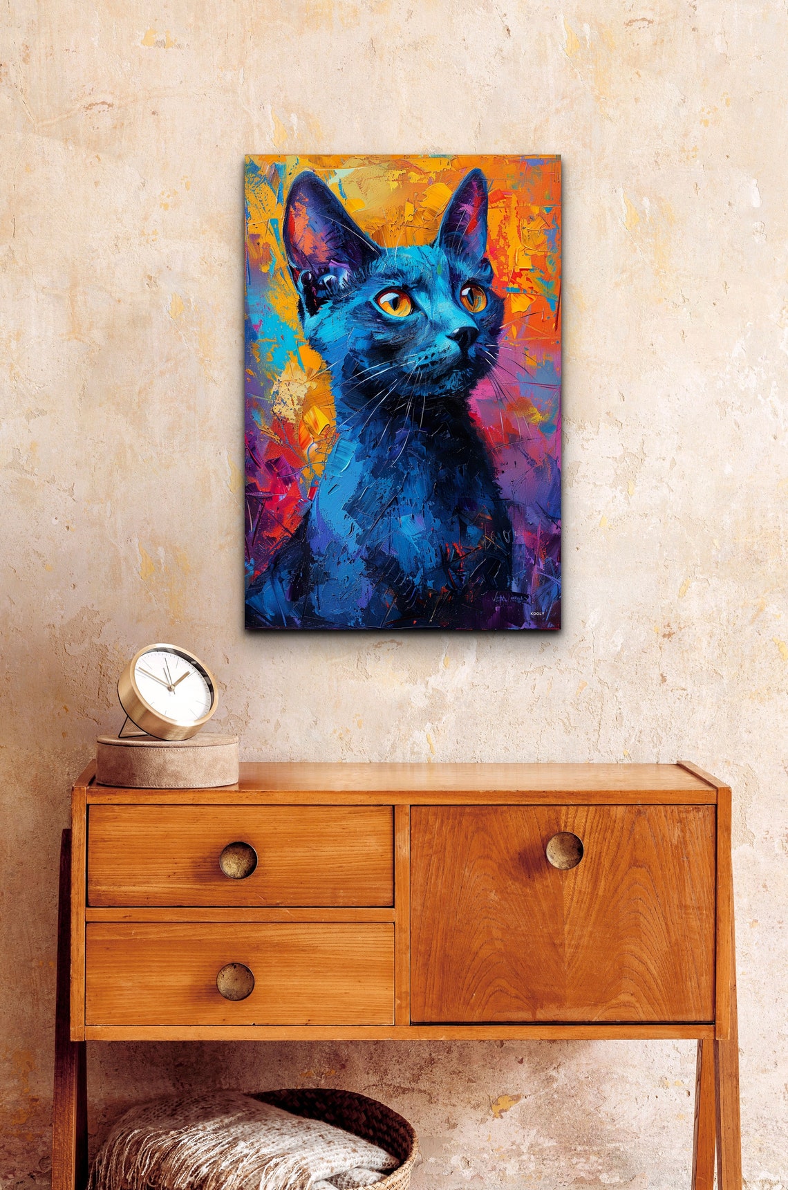 Colorful Blue Cat Portrait Pop Art on Orange Background Wall Art - Image 6