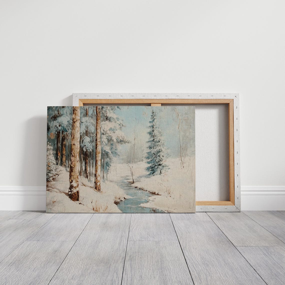Snowy Birch Forest Stream Winter Wonderland Landscape Wall Art - Image 3