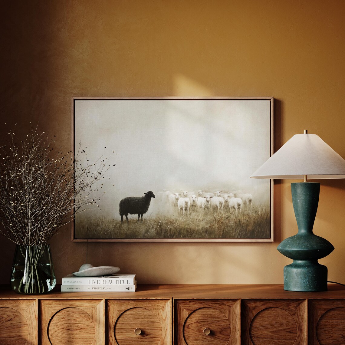 Black Sheep In Foggy Pasture Rustic Farmhouse Art Print - Image 4