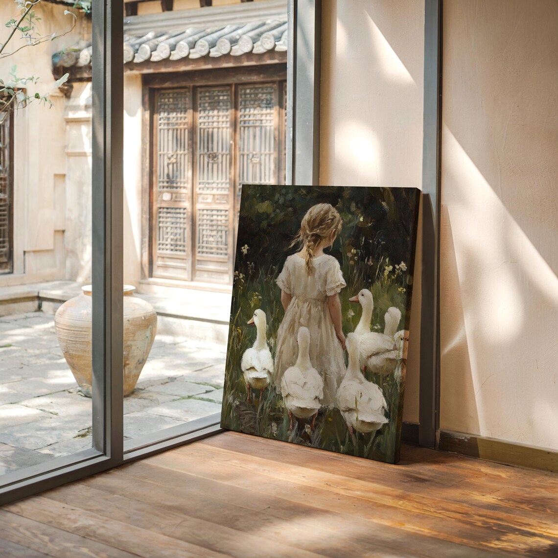 Little Girl in White Dress Walking With Five Geese in Meadow Poster - Image 5