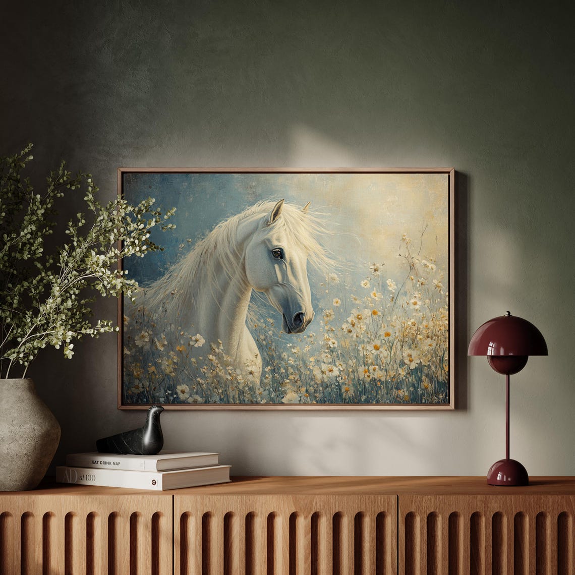 White Horse Daisy Meadow Portrait Elegant Equine Fine Art Print - Image 4