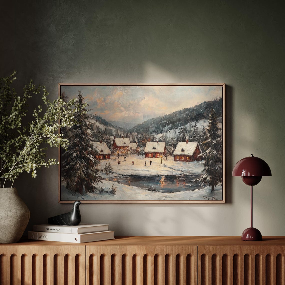 Snowy Winter Village With Red Cabins And Frozen River Poster
