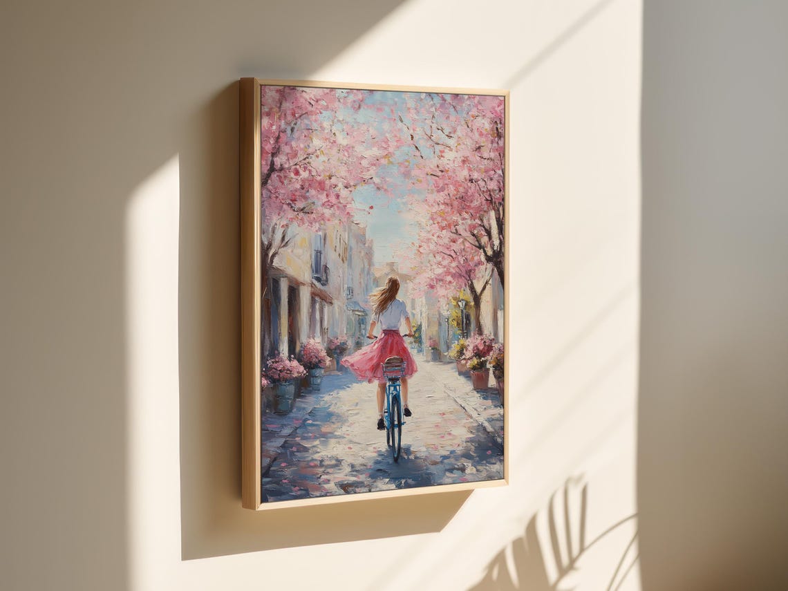 Girl on Bicycle Under Cherry Blossom Trees Pink Spring Street Wall Art - Image 6