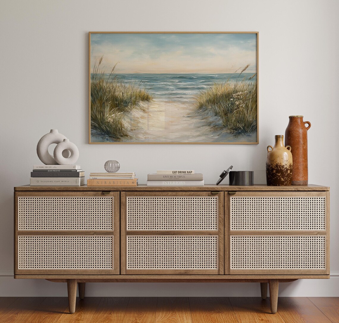 Coastal Beach Path, Soft Blue Seascape Oil Painting - Image 5
